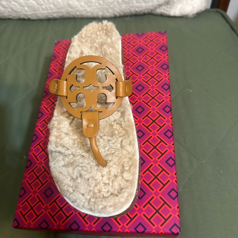 Tory Burch Tan Shearling Slide Sandals